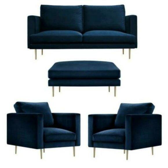Sofa Group Seat Armchair Stool Furniture Textile Fabric Blue Two Seater Living Room New