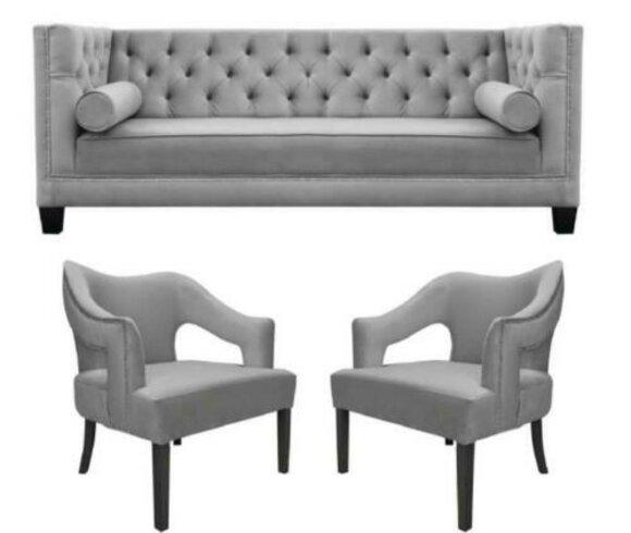 Silver Velvet Sofa Set 3 Piece Set Couch Seat Upholstery Chesterfield