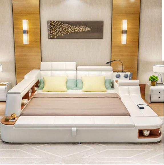 Multifunction Bed Luxury Design Leather Beds Hotel Double Storage Shelf New