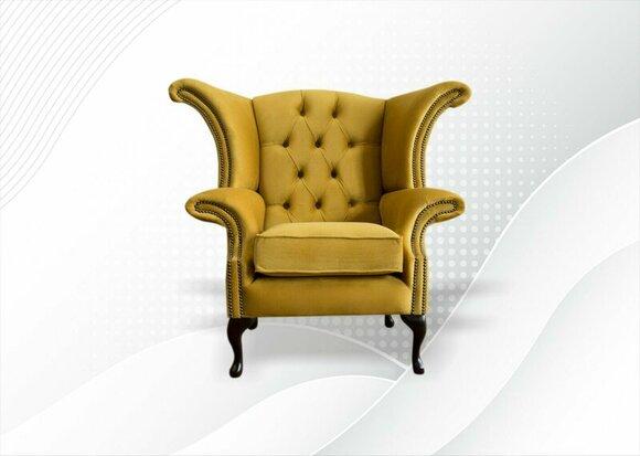Chesterfield Armchair Textile Yellow Fabric Wing Chair Furniture Living Room New Luxury