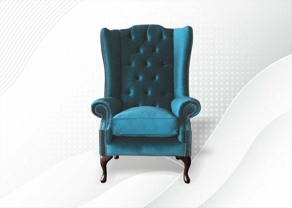 Chesterfield Armchair Blue Textile Fabric Wing Chair Furniture Living Room Modern Luxury