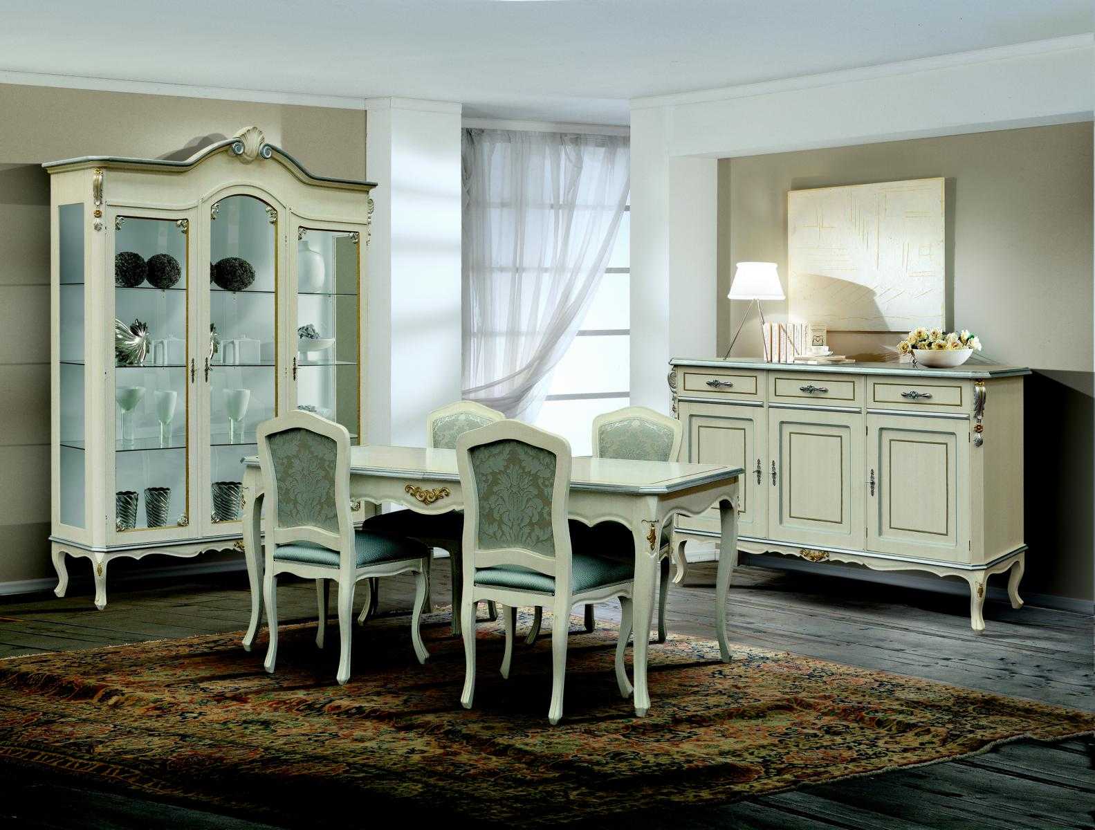 Luxury dining room set 7 pieces white wood furniture chest of drawers 4x chair table showcase