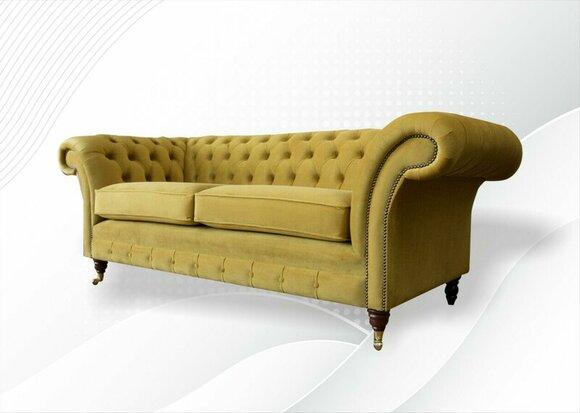 Chesterfield 3 Seater Yellow Sofa Fabric Living Room Couches Upholstery Sofas Textile