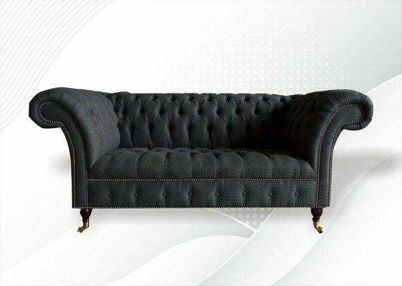 Chesterfield 2 Seater Black Textile Fabric Furniture Living Room Couches Sofas Sofa