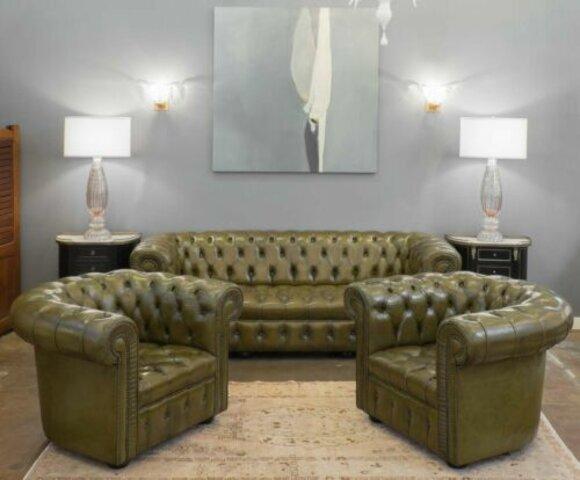 Chesterfield Sofa Set 3+1+1 Seaters Green Faux Leather Upholstered Living Room Comfortable Couches New