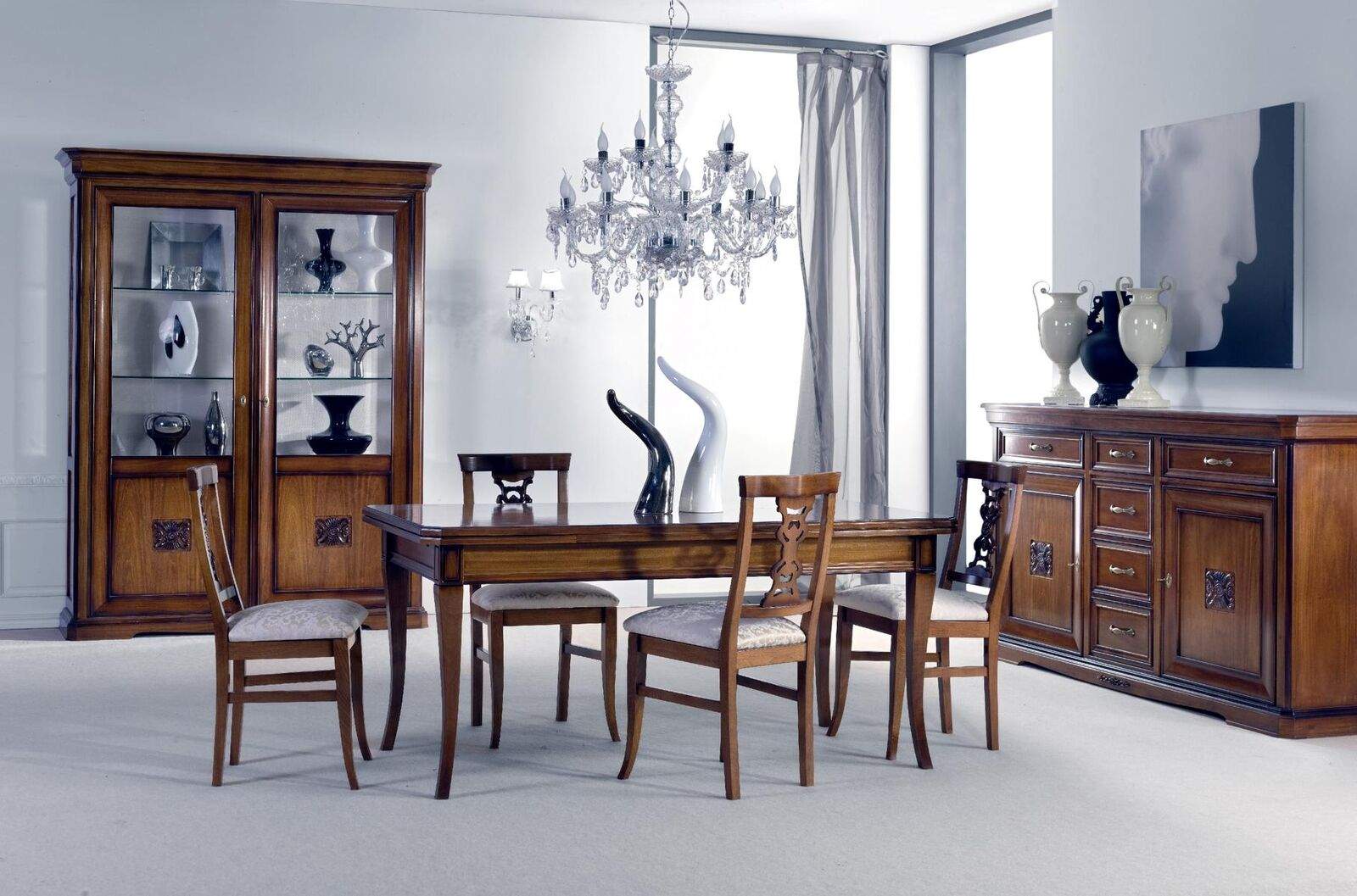 Dining room set 7 pieces Dining table, chairs, chest of drawers, group of furniture, brown wood
