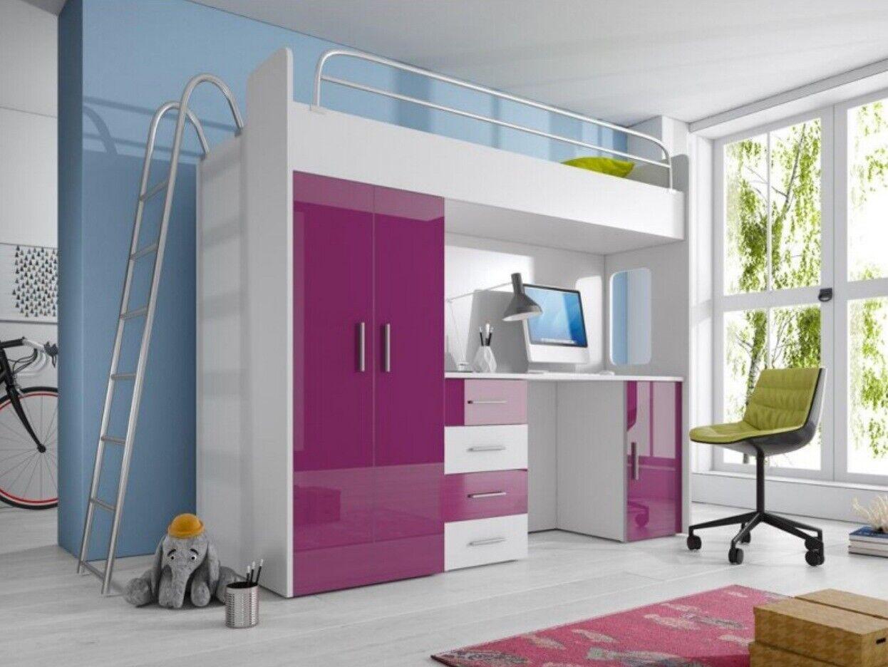 Purple bunk bed wooden bunk bed girls high gloss with desk cupboard