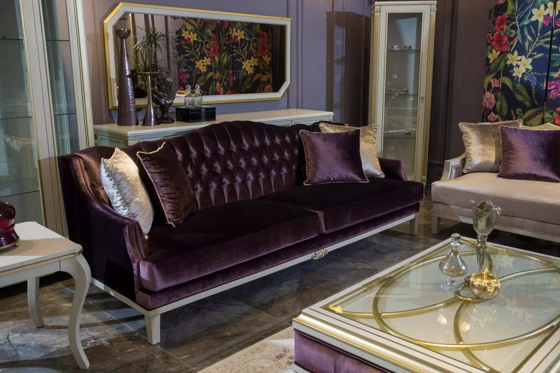 Purple Chesterfield Baroque Furniture Three Seater Sofa Textile Couch New