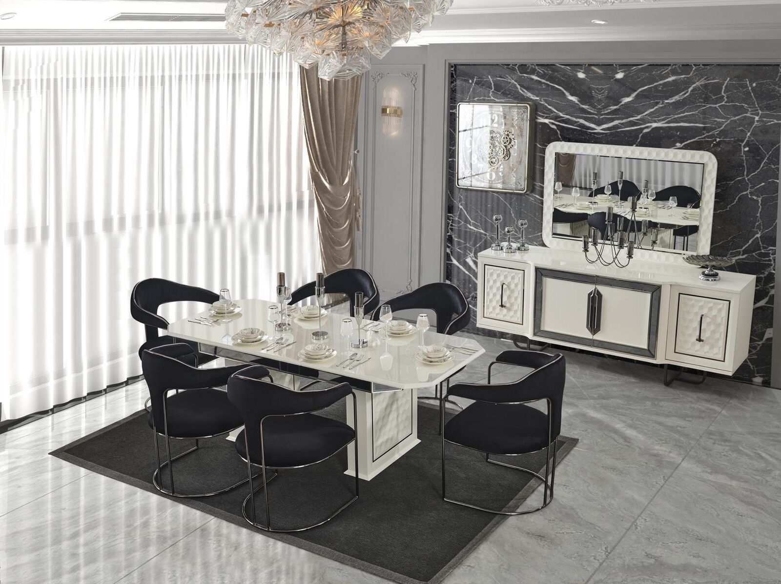 Modern dining room set white dining table 6 chairs white sideboard mirror new