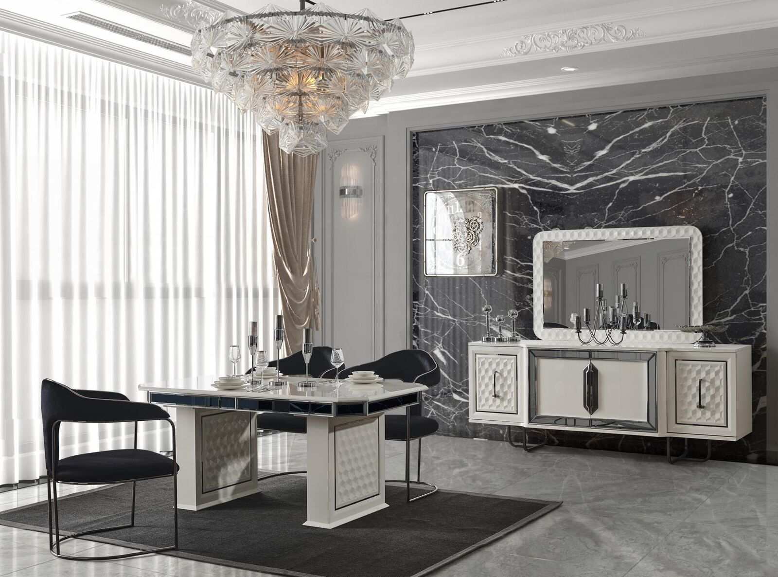 Dining room set dining table 4 chairs table armchair sideboard mirror 7 pieces.