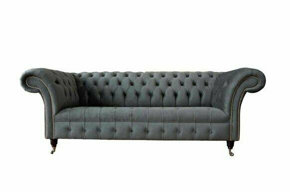 English Chesterfield sofa couch office furniture three-seater velvet 230 cm grey