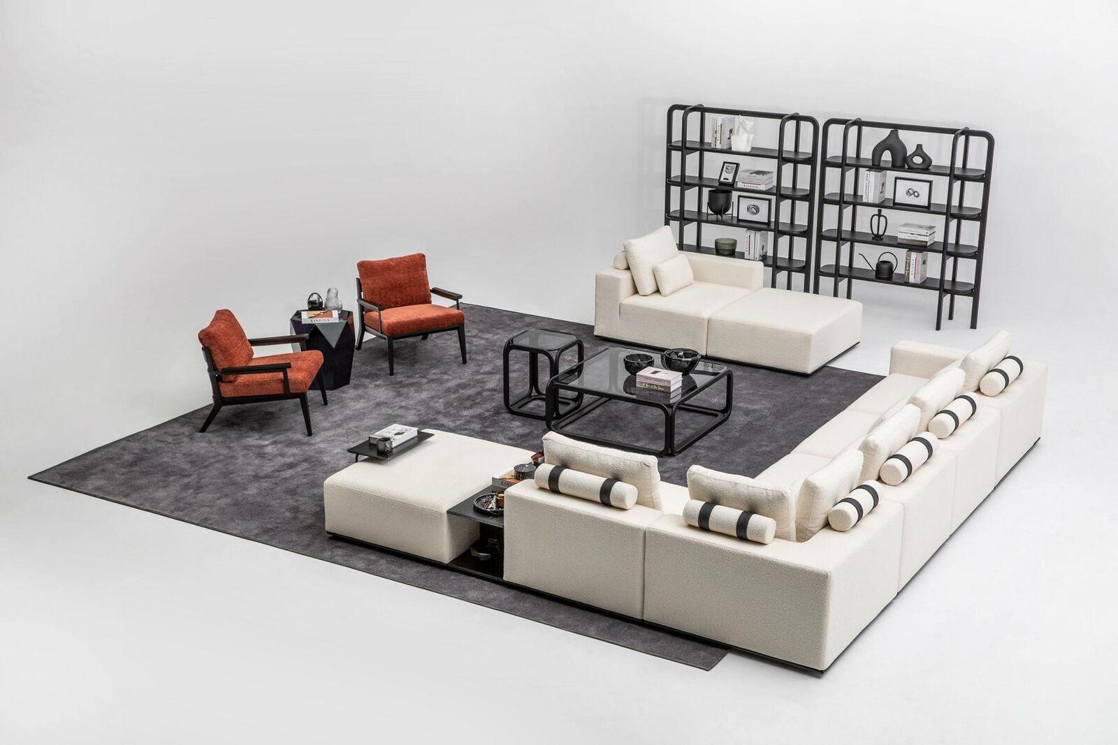 Modern White Sofa Set Corner Sofa Living Area Armchair 4pcs Fabric Sofa