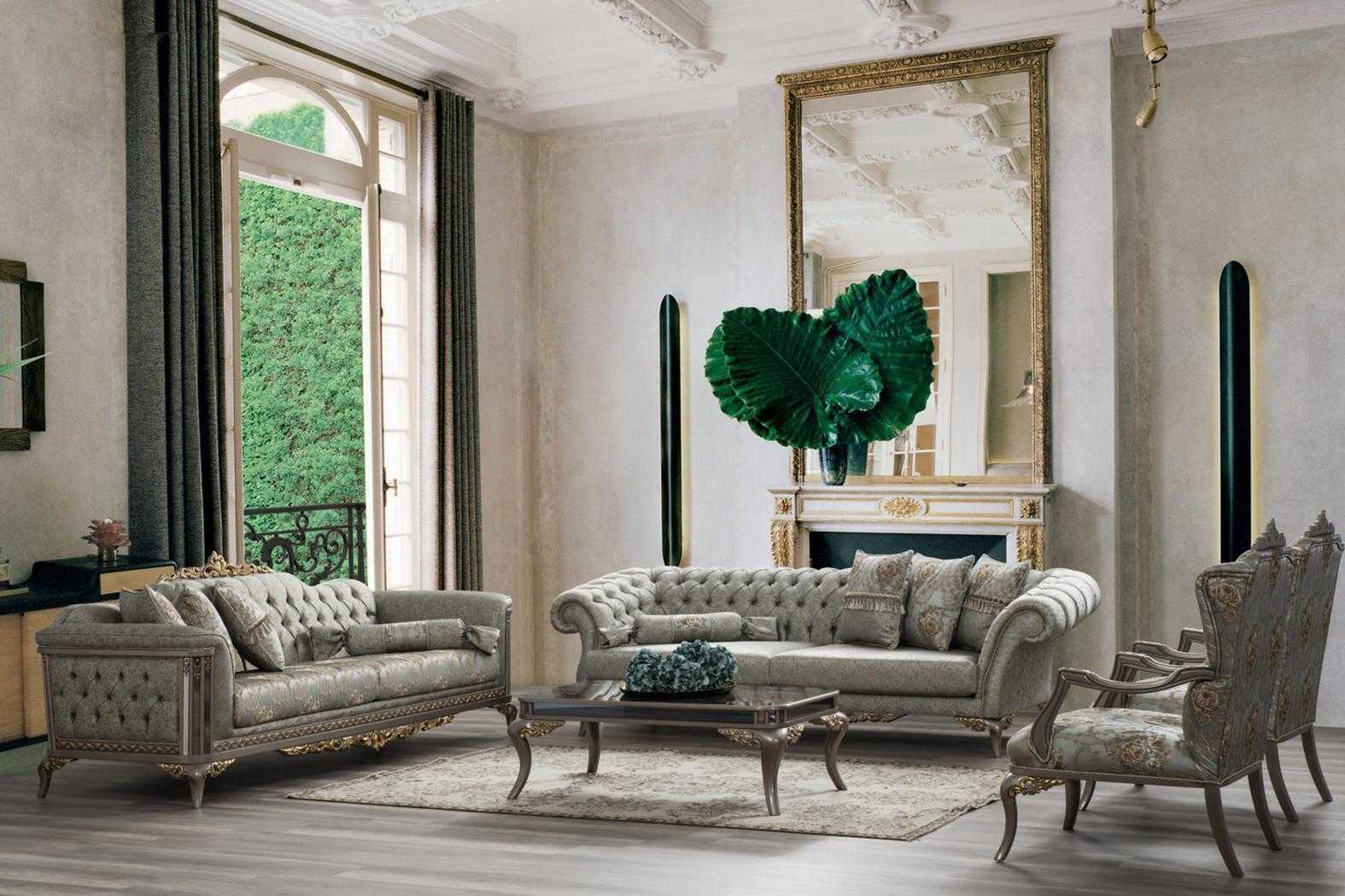Chesterfield sofa set three-seater armchair gray fabric fabric sofa 4 pieces