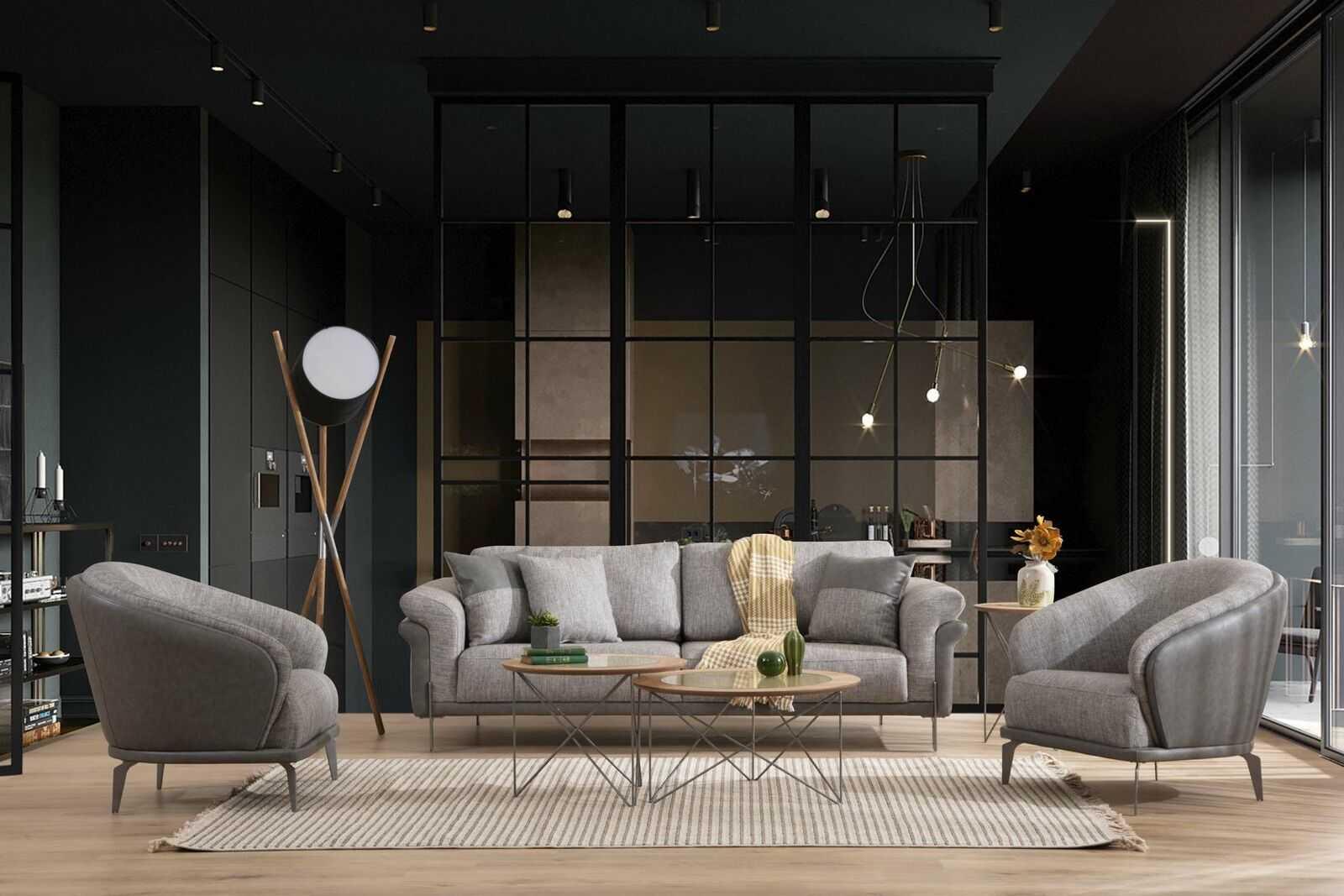 Sofa Set 3 Seater Gray Armchair Living Room Furniture Luxury Design