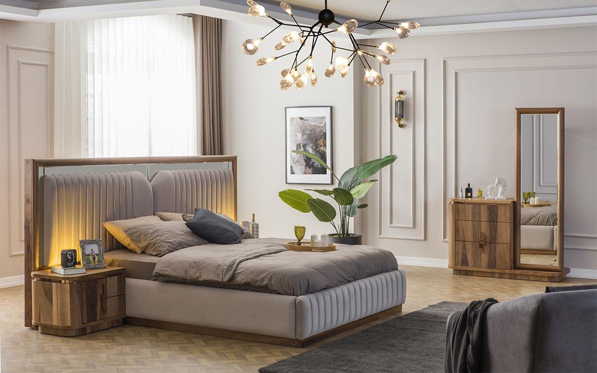 Modern bedroom set bed + 2x bedside tables + chest of drawers with mirror Modern