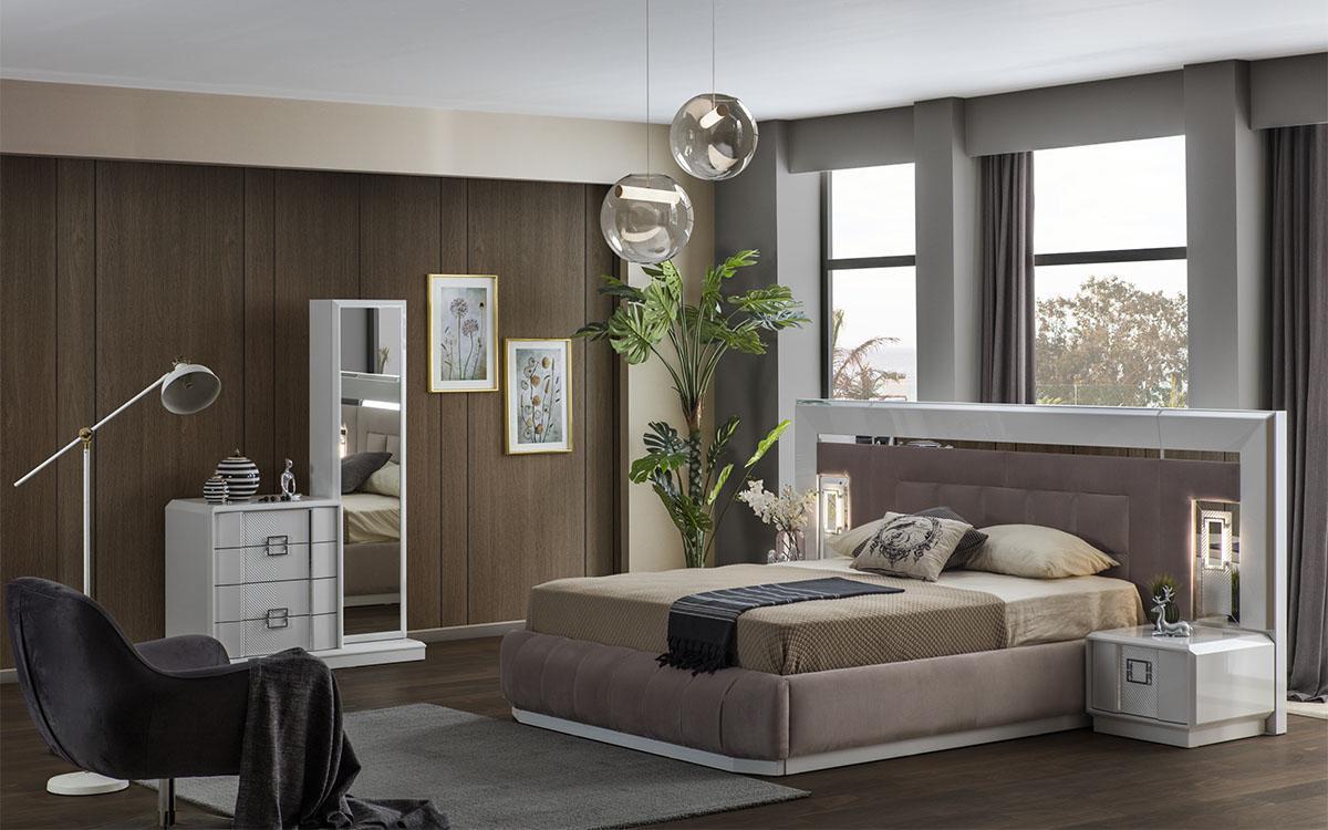 Modern bedroom set bed + 2x bedside tables + chest of drawers with mirror luxury new