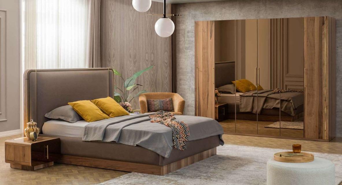 Luxury bedroom set bed + 2x bedside tables + wardrobe wood complete modern new