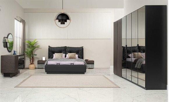 Double bed set bedroom bed bedside tables black set 6 pieces