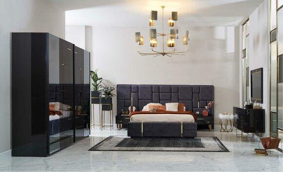 Design double bed bed frame luxury bedroom wooden set 6 pieces black