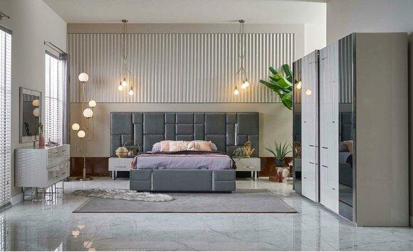 Double Bed Bed Frame Bedroom Gray Wood Set 6 Piece Wardrobe