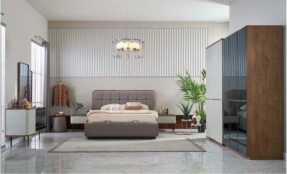 Modern Bedroom Set 7 Piece Double Bed Complete Brown Wood Bed