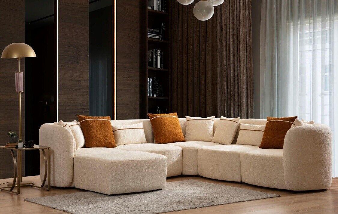 Living room beige modern sofa L-shaped seat corner sofa couch upholstered