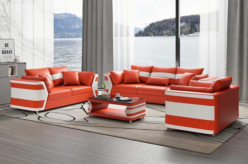 Red sofa set, couch set, leather sofa, complete 3-piece sofa set