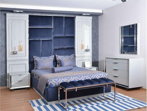 Design Group Bedroom Double Bed Bedside Tables Set 7 Pieces Blue