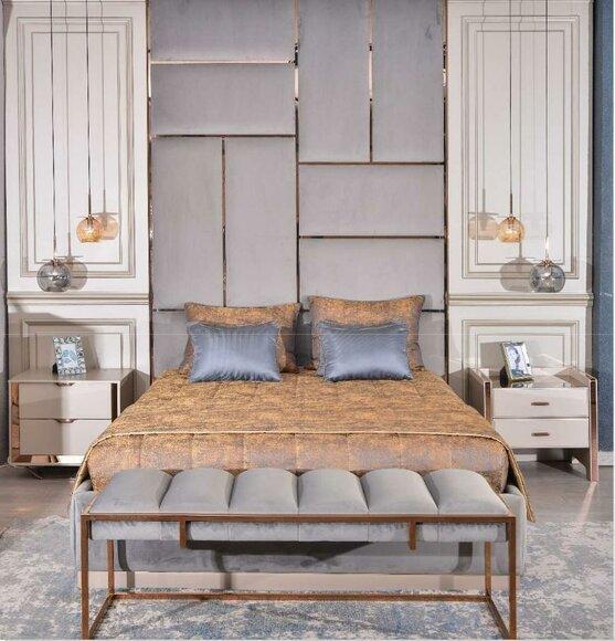 Luxury bedroom double bed bedside table set 5 pieces beige