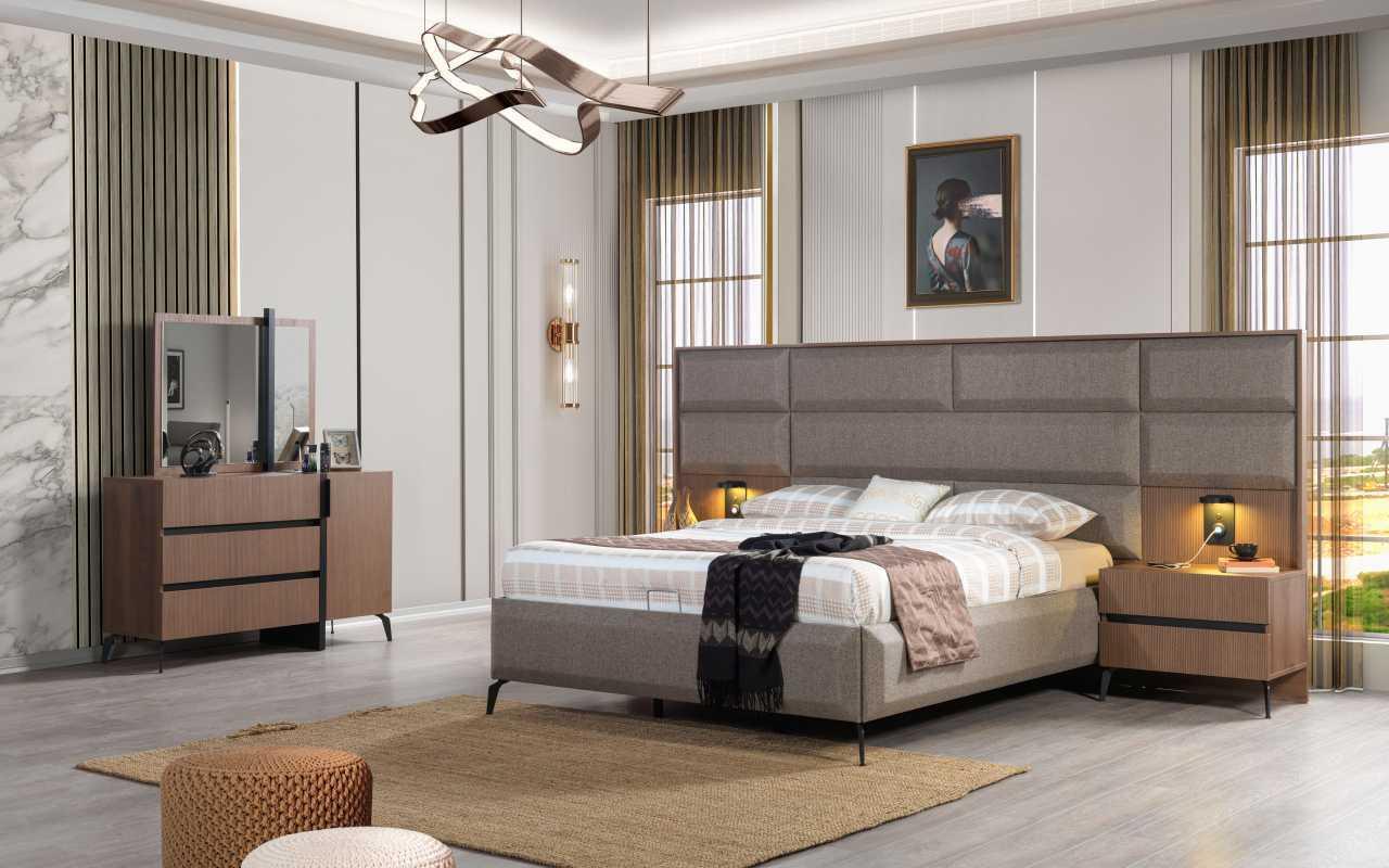 Gray-Brown Double Bed Exclusive Bedroom Dresser Mirror 5-Piece Set
