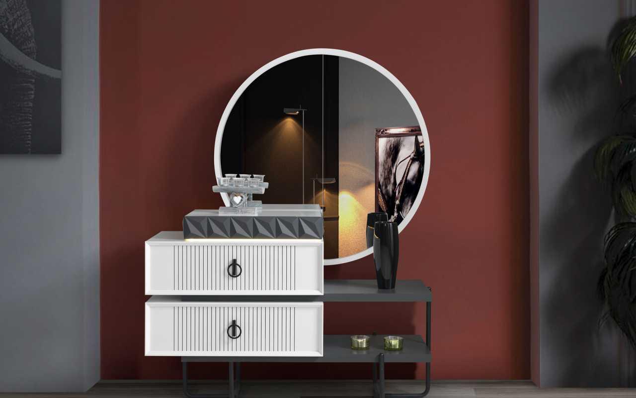 White-Black Dressing Table With Mirror Bedroom Luxury Furniture 2 Pieces