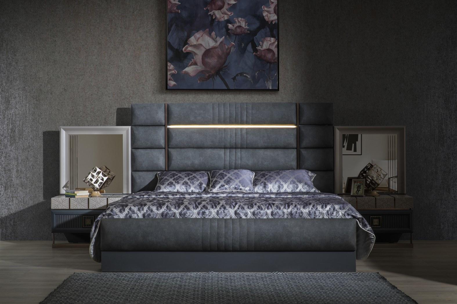 Bedroom double bed gray set 4-piece modern bed bedside tables