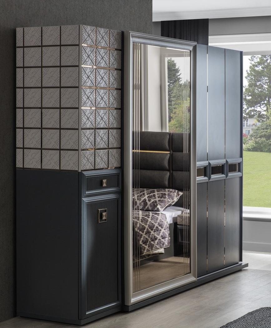 Modern Closet Wardrobe Bedroom Cabinets Gray Wood Mirror