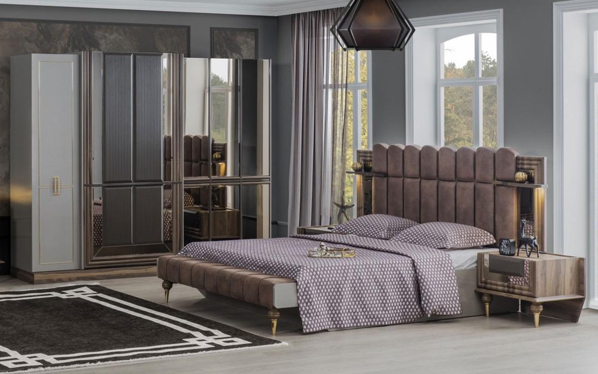 Bedroom set luxury double bed wood brown fabric bed set 4 pieces