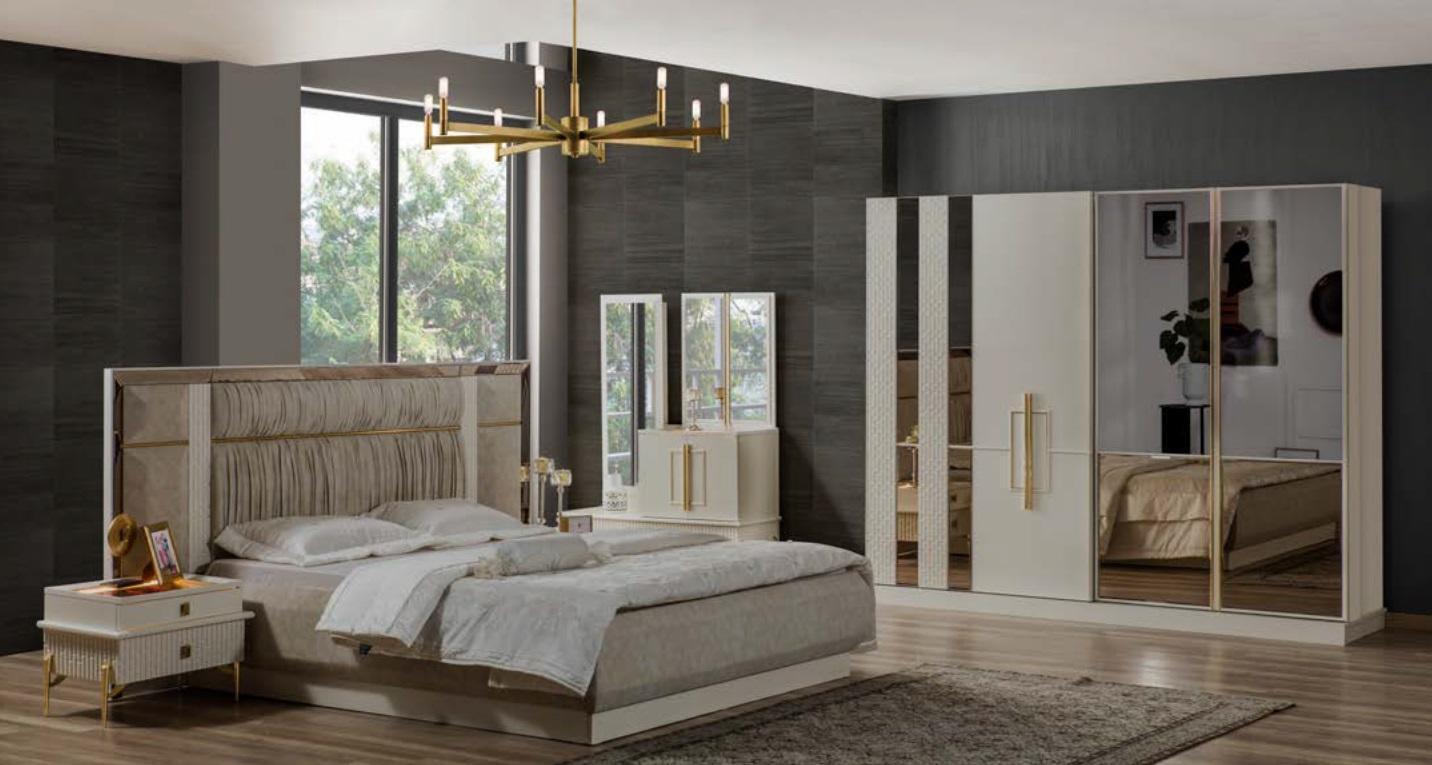 Luxury double bed bedroom set wood beige fabric bed set 5 pieces