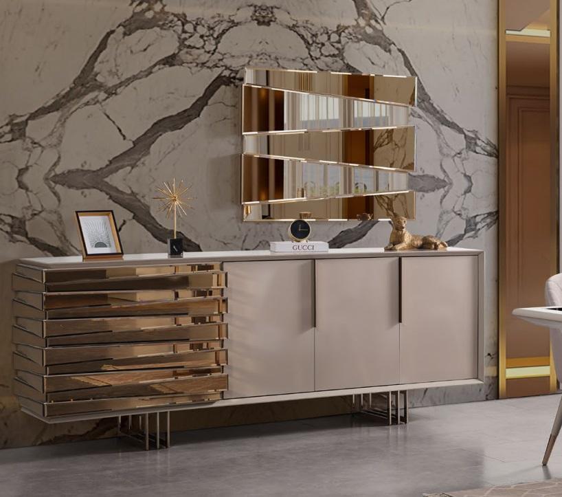 Sideboard Dresser Wood Cabinet Beige Gold Luxury Living Room