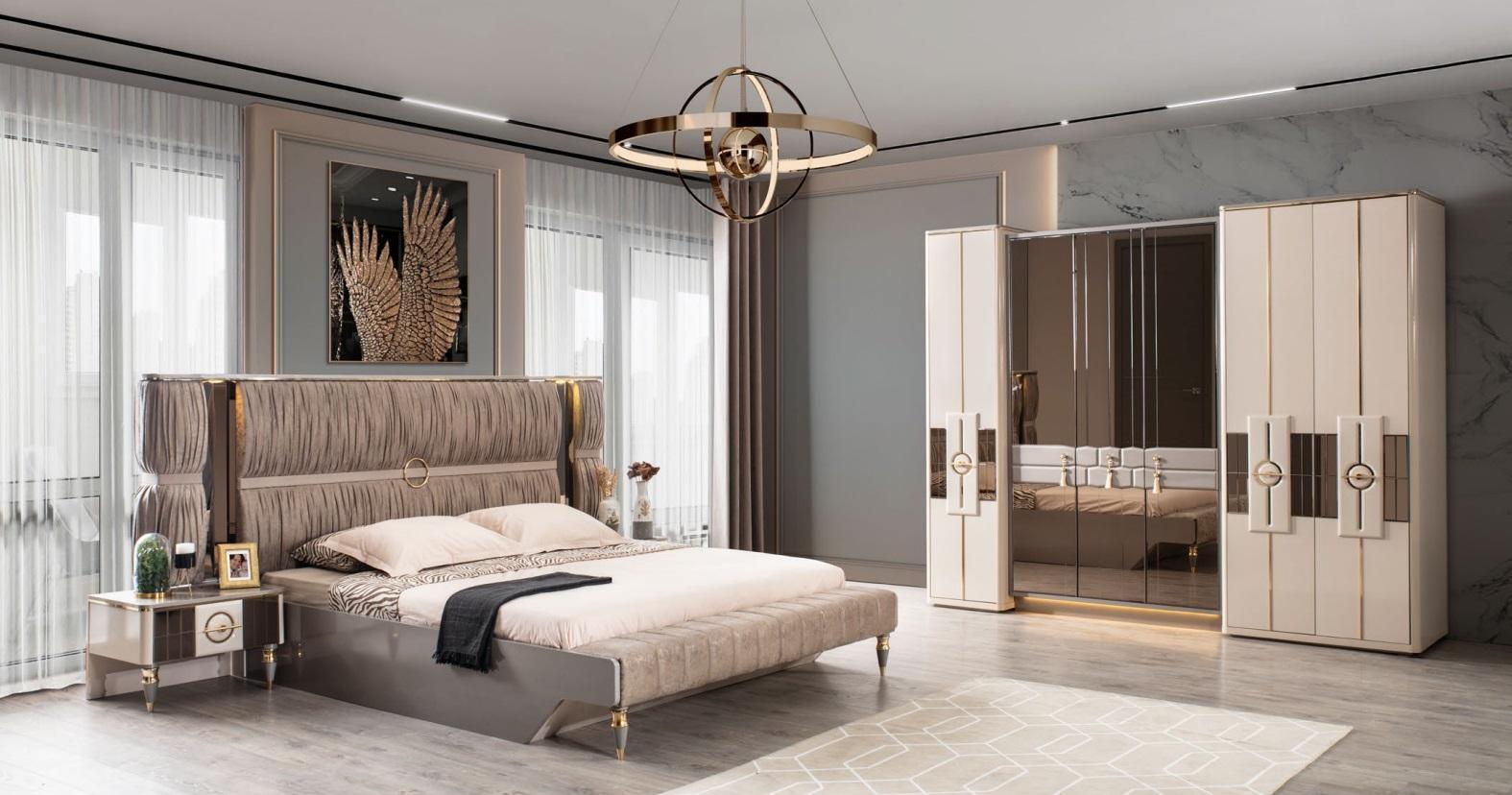 Modern double bed set beige wood luxury bedroom set 4 pieces