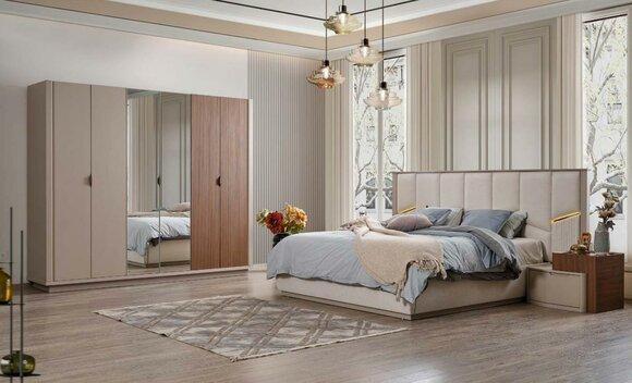 Large beige bedroom set double bed 2x bedside tables cupboard