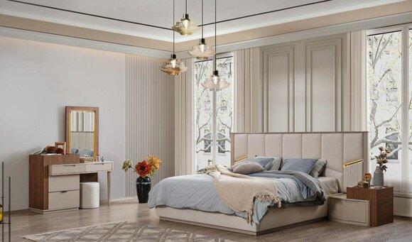 Beige bedroom set luxurious upholstered beds bedside tables cupboard