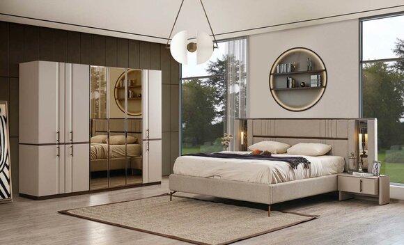 Modern beige double bed 2x bedside tables wardrobe wooden furniture