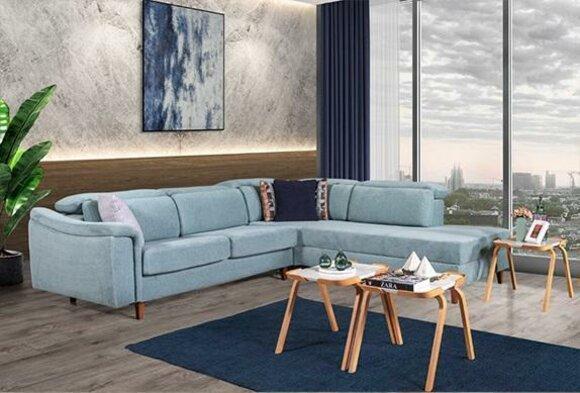 Blue corner sofa L-shape living room upholstered couches designer wooden frame