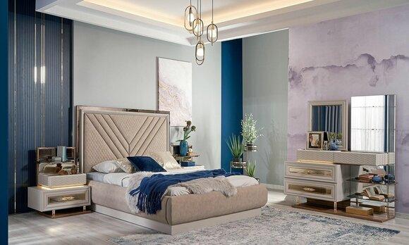 Double Bed Complete Bedroom Bed Beige 4 Piece Wooden Dressing Table