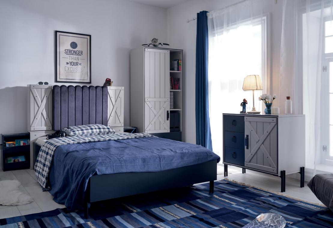 Luxury Modern Blue Bedroom Set Bed Chest of Drawers Bookshelf Wood New 3pc