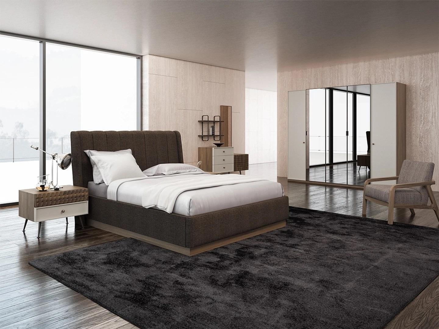 Luxury bedroom double bed 2x bedside tables wood complete 6 pieces modern