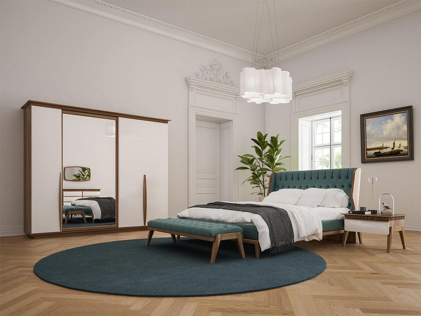 Complete bedroom bed 2x bedside tables modern wardrobe bench new