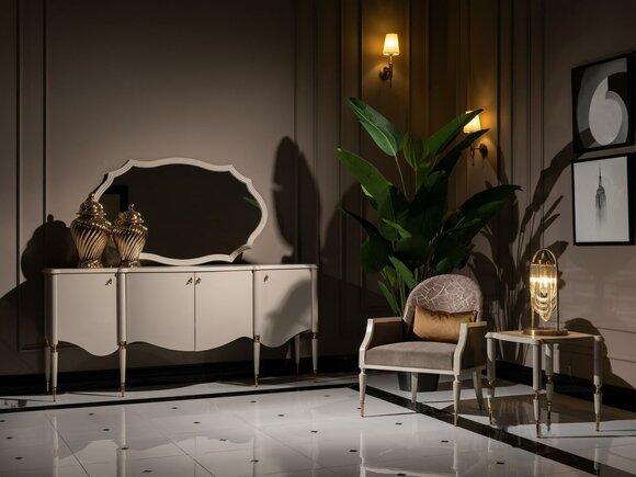 Living room set 4 pieces armchair side table sideboard mirror beige