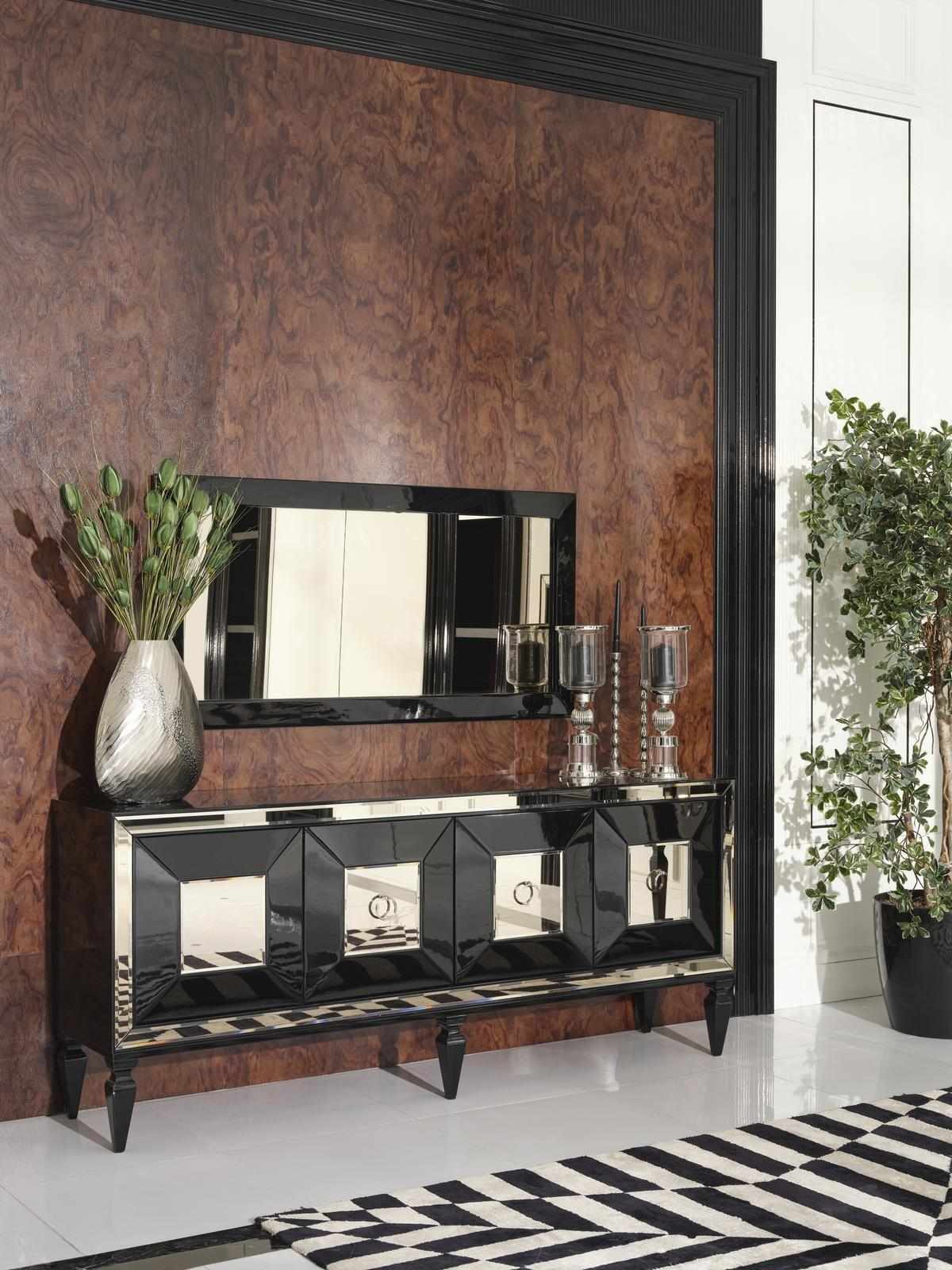 Complete sideboard sideboard cabinet mirror set black wood luxury