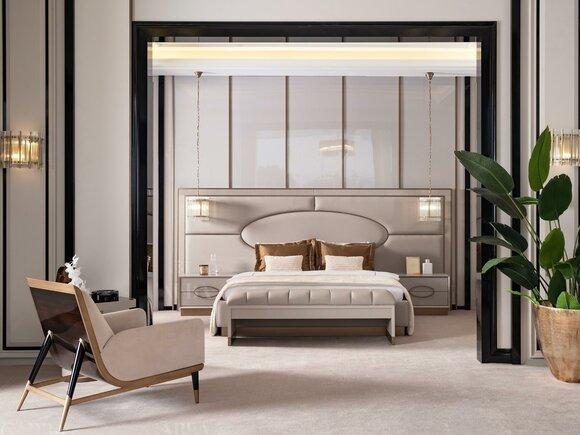 Luxury bedroom set double bed bedside tables set 5-piece beige seat
