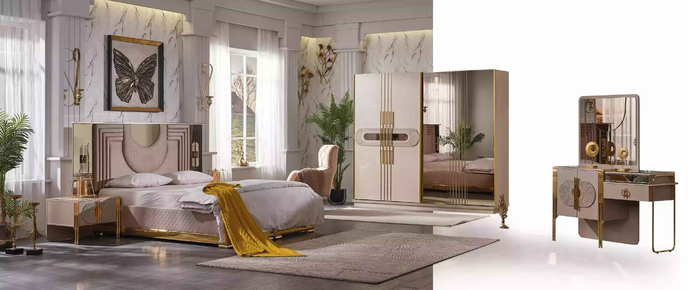 Beige bedroom set bed 2x bedside tables wardrobe dressing table
