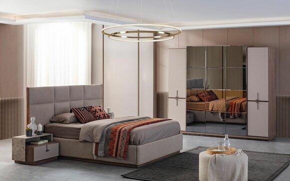 Complete bedroom double bed bedside tables gray 4-piece wardrobe